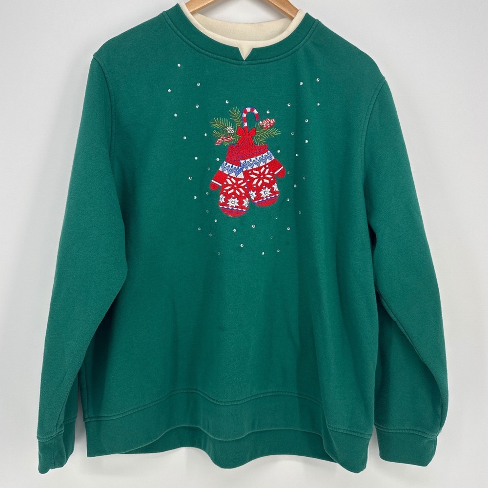Liberty Lane Christmas Women XXL Sweatshirt Green Embroidered Mitten Rhinestone